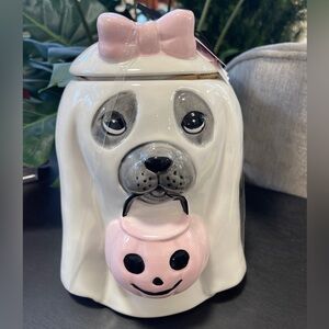 Pink Halloween Ghost Dog w/ Pink Bow & Pink Pumpkin Ceramic Cookie Jar NWT